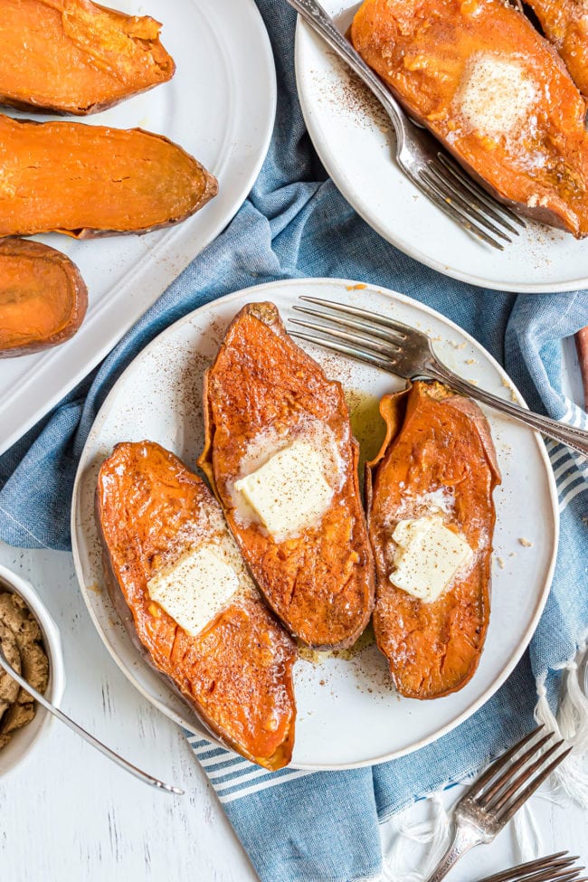 the best quick sweet potatoes with a pat of butter and sprinkle of cinnamon