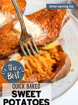 a fork digging into a freshly baked sweet potato half.