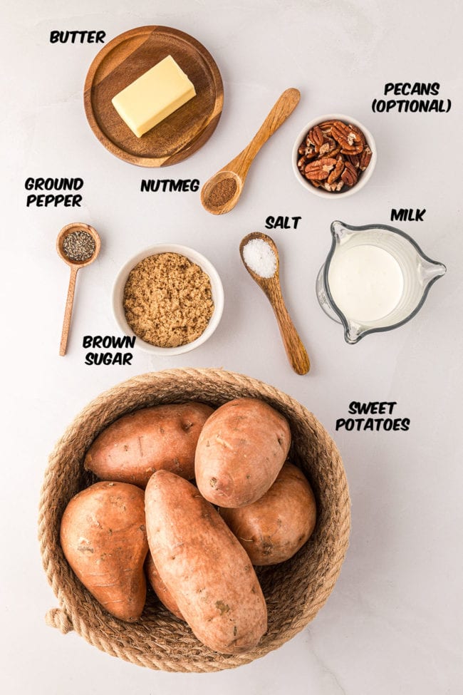 ingredients for mashed sweet potatoes on a counter