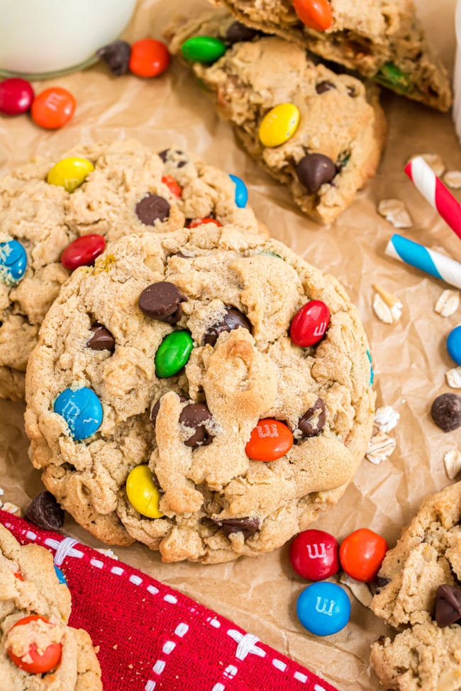 2 giant bakery style monster cookies with M&M's