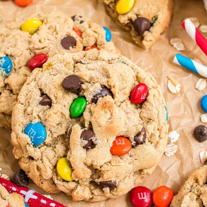 2 giant bakery style monster cookies with M&M's