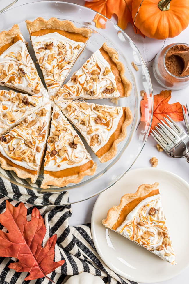 glass pie plate with servings of pie cut and ready to serve