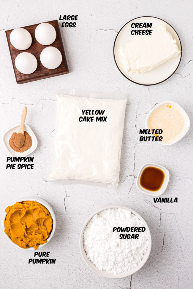 pumpkin gooey butter cake ingredients on a counter