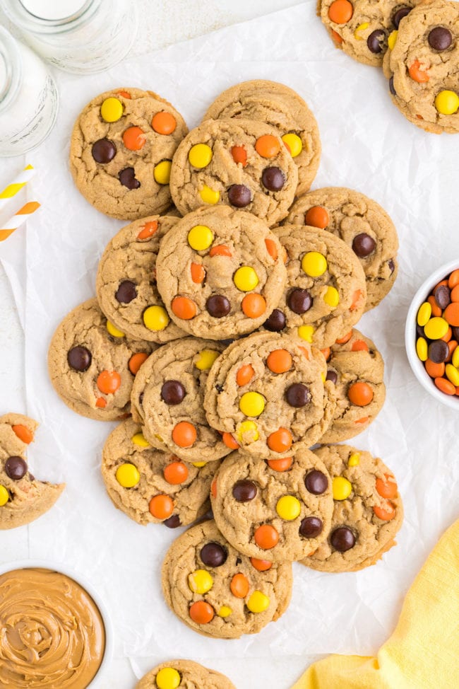 a pile of Reese's Pieces peanut butter cookies