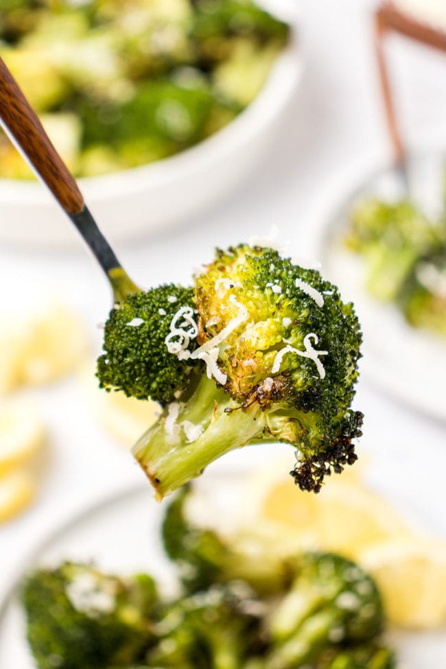 oven baked broccoli on a fork