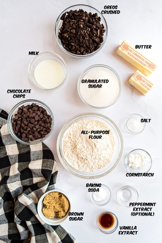 ingredients for Chocolate chip Oreo cookies on a counter