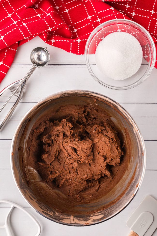 chocolate kiss cookie dough in a mixing bowl