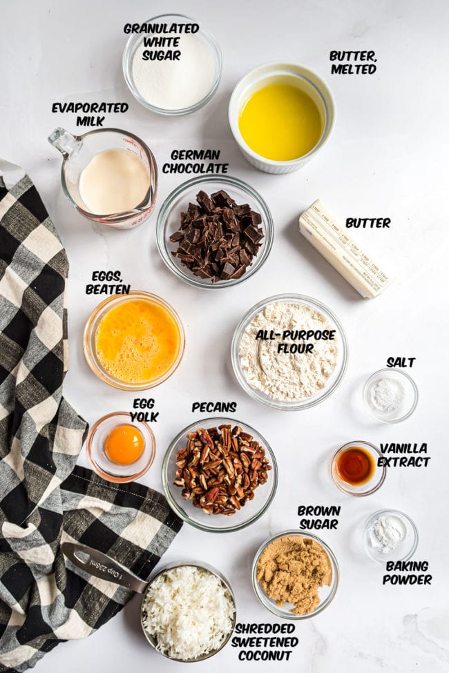 ingredients for The BEST German Chocolate Brownies on a counter