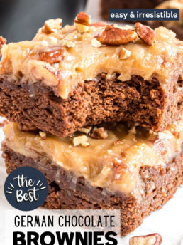 stack of German chocolate brownies - with a bite out of the top one.