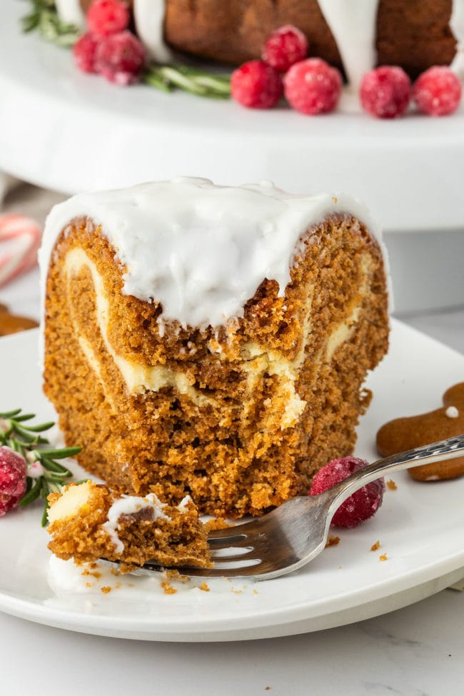 a bit of ginger bread cake on a white plate with a fork