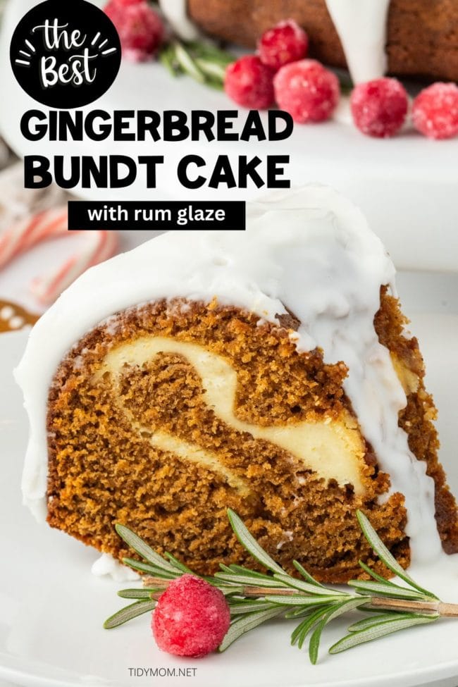 gingerbread cake with sugared cranberries and rosemary on a white plate