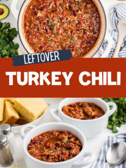 turkey chili photo collage. Served in bowls and in a white dutch oven