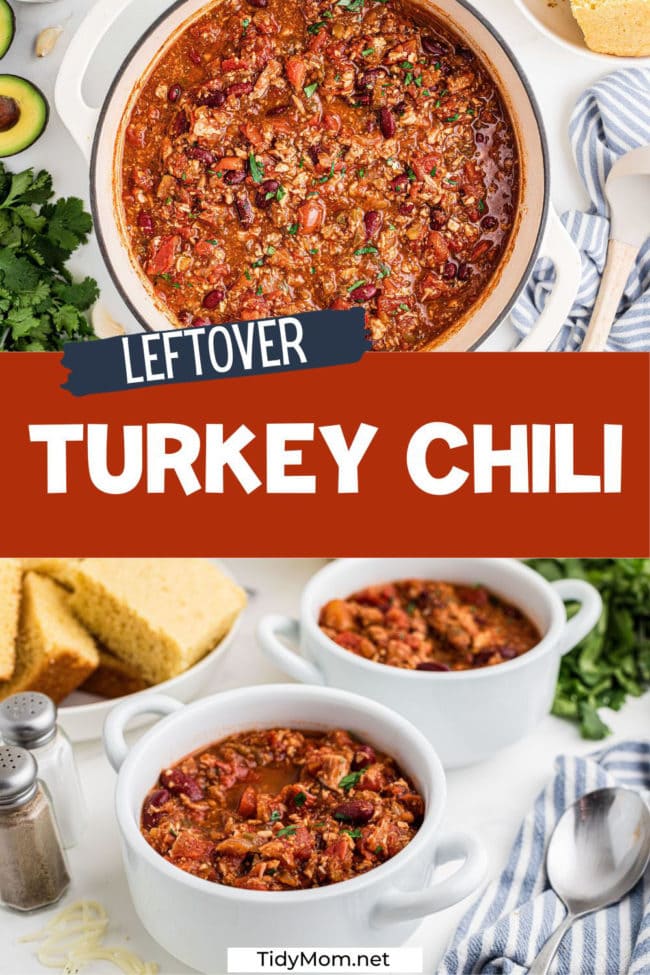 turkey chili photo collage. Served in bowls and in a white dutch oven
