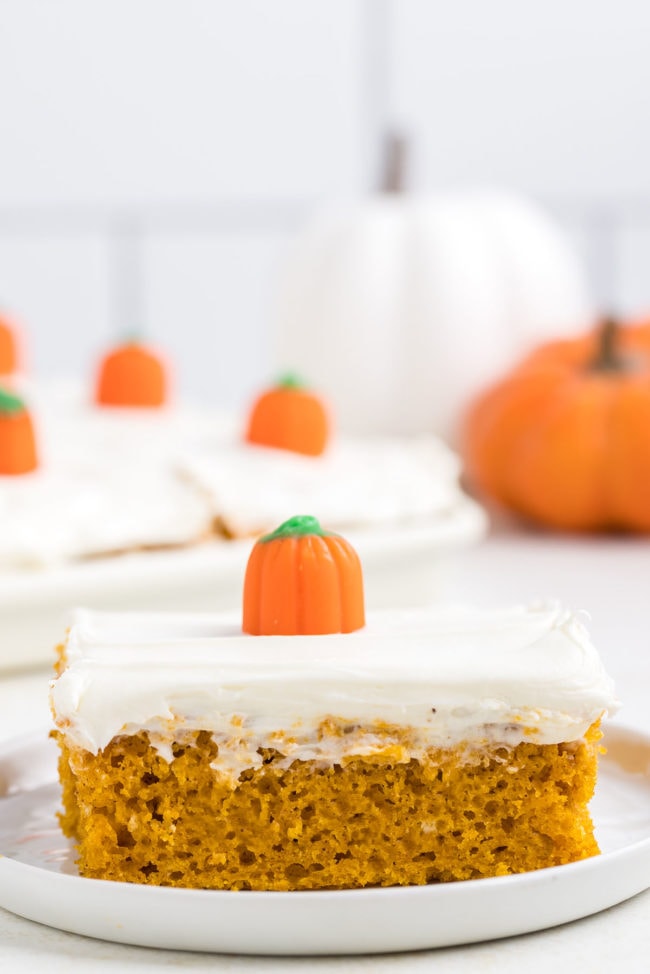 slice of pumpkin cake with a pumpkin candy on top. Sheet pan of cut cake in background