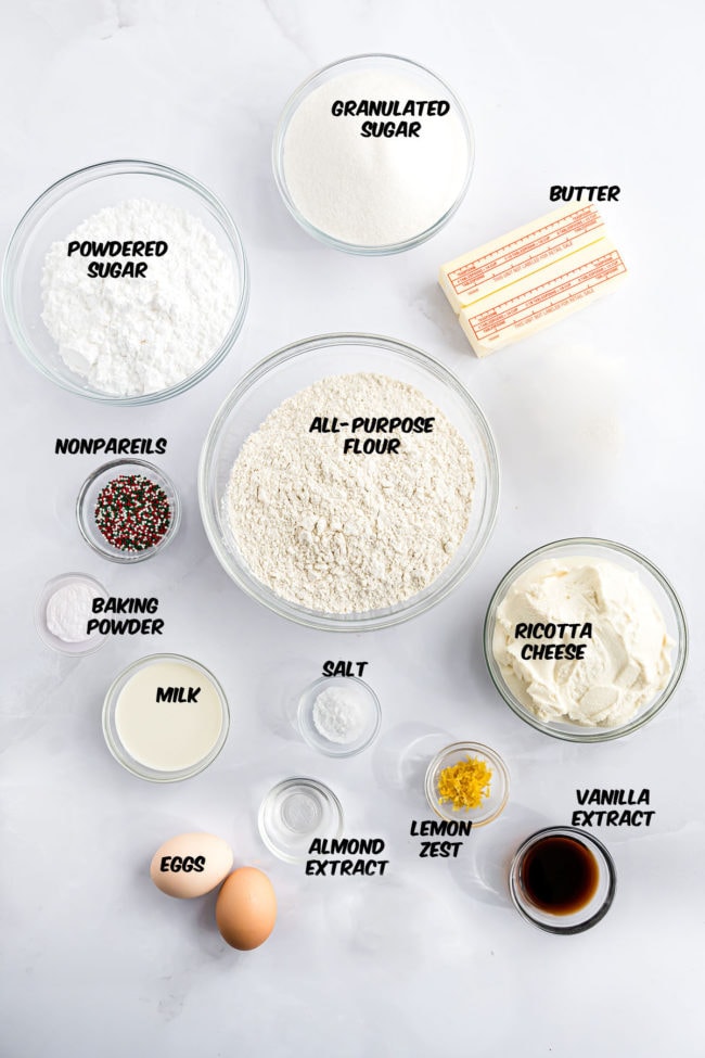 ingredients for ricotta cookies on a counter