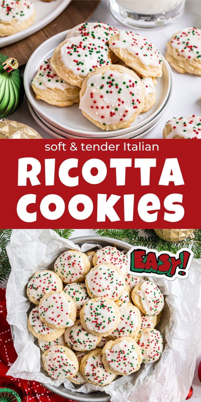 soft and tender ricotta cookies with red and green sprinkles