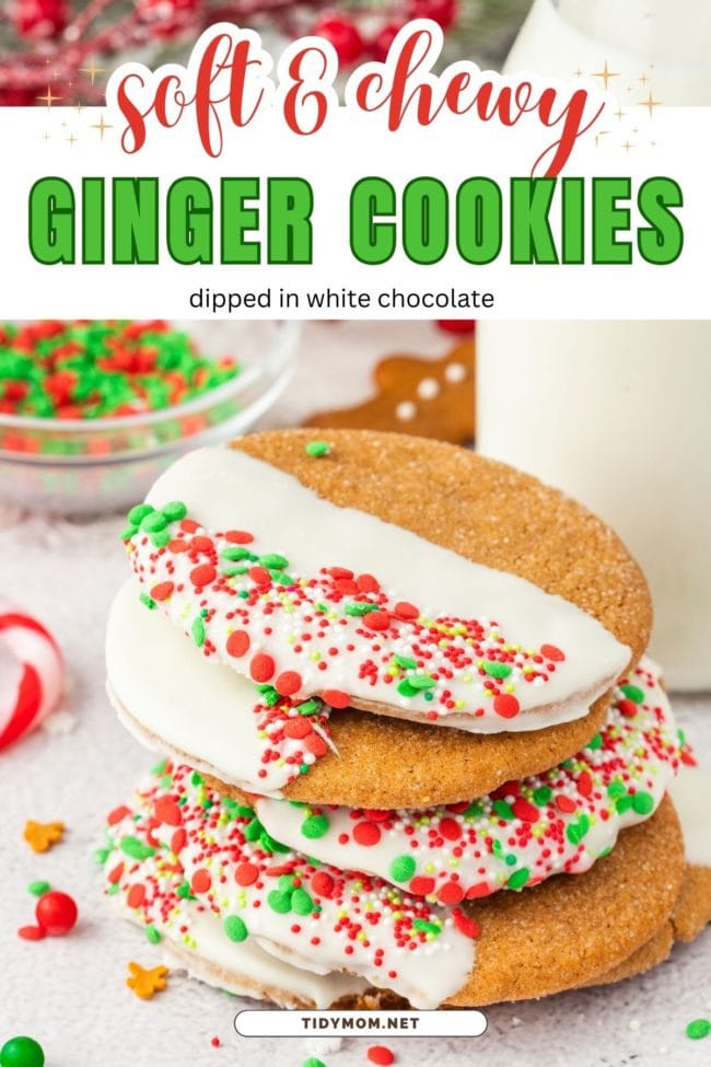 white chocolate dipped ginger cookies with holiday sprinkles