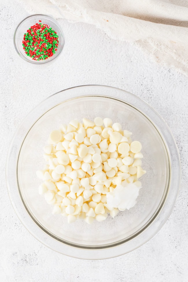 white chocolate chips in glass mixing bowl