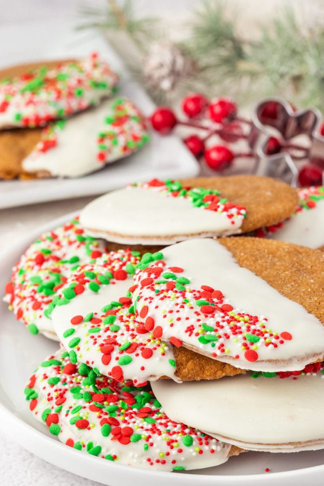 white chocolate dipped ginger cookies with red and green sprinkles on a white plate