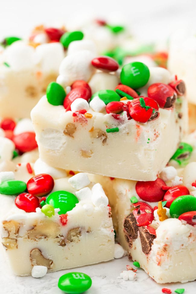 a stack of White Christmas Fudge with marshmallows
