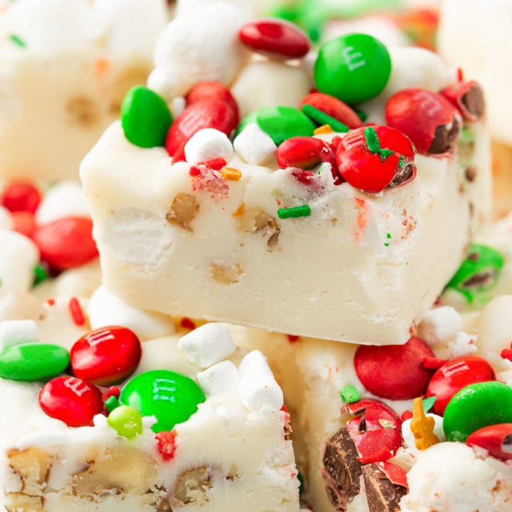 a stack of White Christmas Fudge with marshmallows