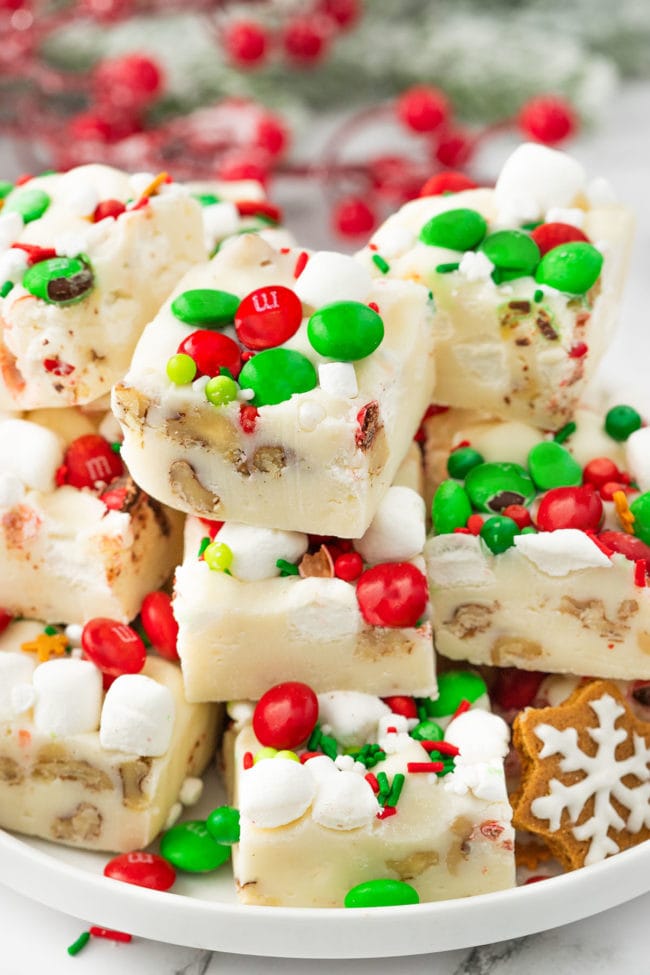 White Christmas Fudge with marshmallows and holiday candies
