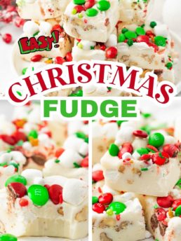Christmas fudge with holiday candies photo collage