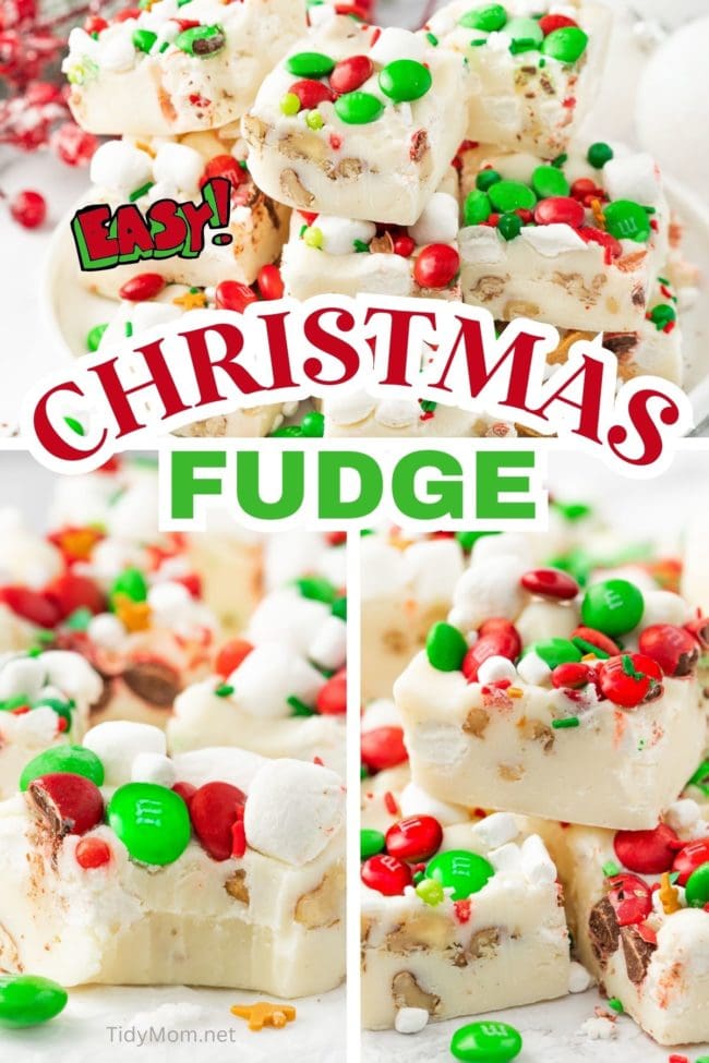 Christmas fudge with holiday candies photo collage