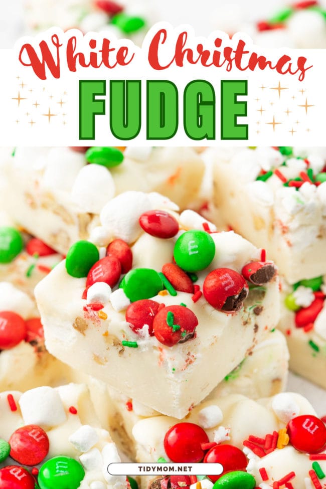 white rocky road fudge with Christmas candies