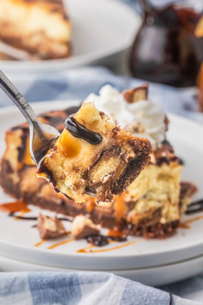 bite of Twix Candy Bar cheesecake on a fork