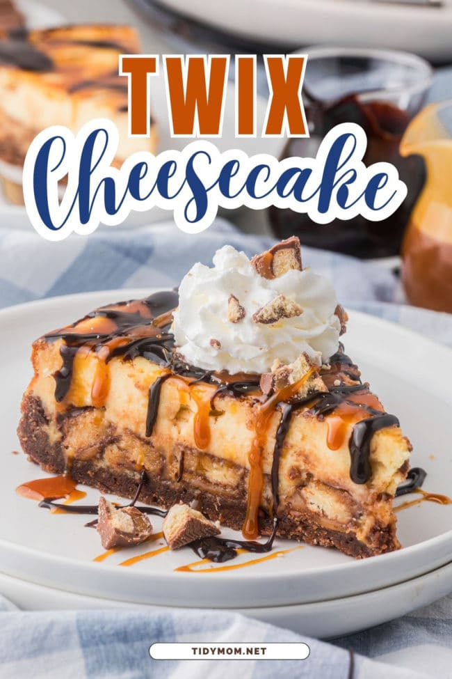 cheesecake with whipped cream and Twix candy bar chunks