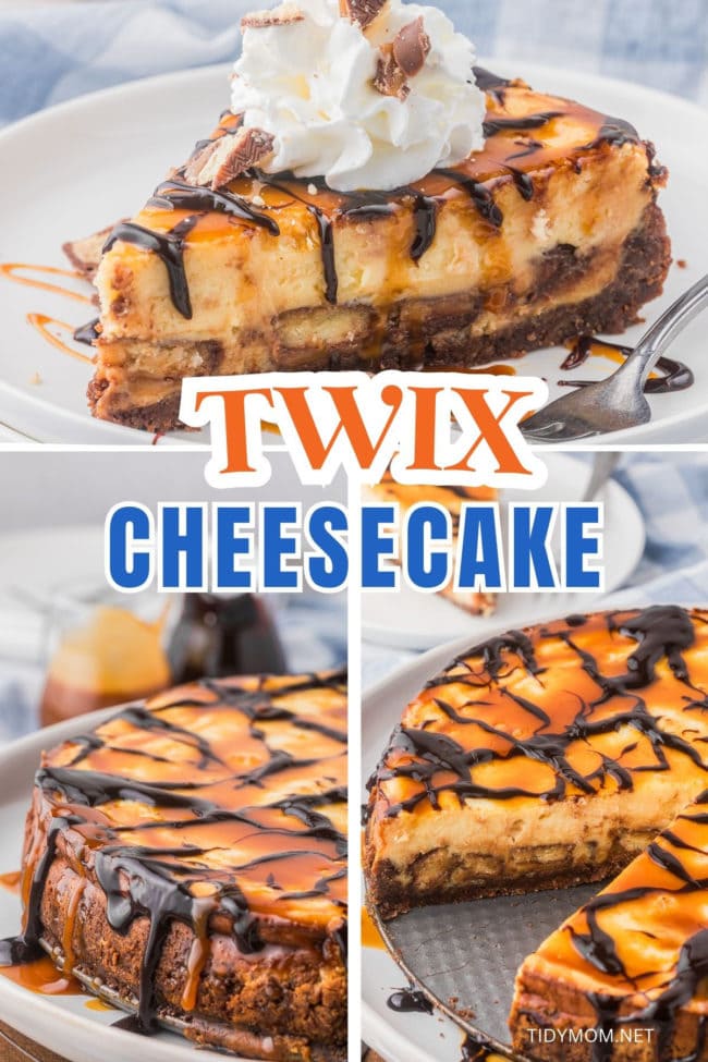 Twix cheesecake candy bar chunks and chocolate and caramel drizzle