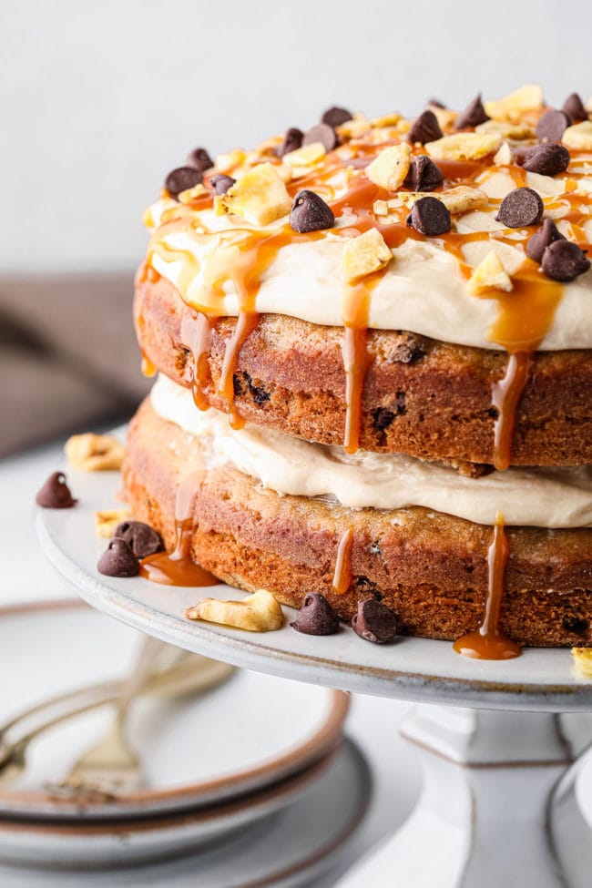 banana layer cake with caramel drizzle