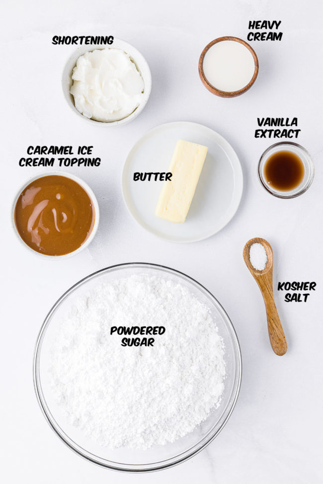 salted caramel frosting ingredients on a counter