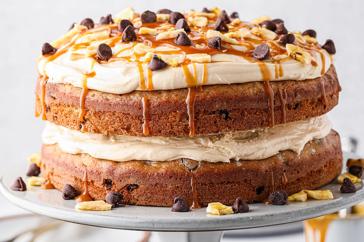 Chocolate Chip Banana Cake with Salted Caramel Frosting