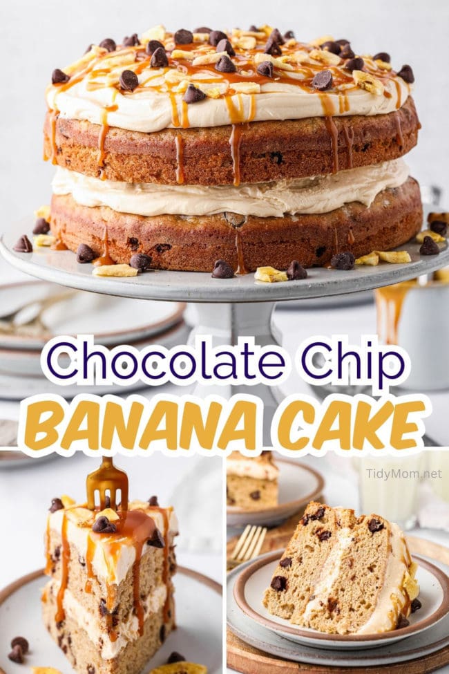 frosted chocolate chip banana cake with caramel sauce