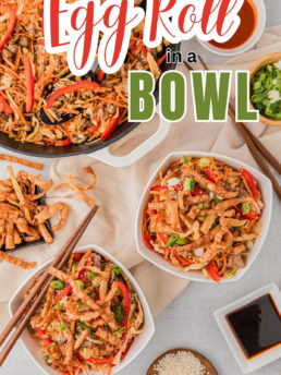 one pan Egg Roll Bowl served in white bowls with chop sticks