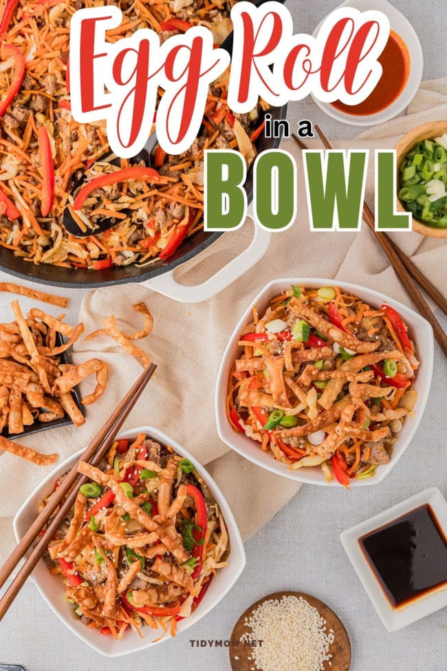 one pan Egg Roll Bowl served in white bowls with chop sticks