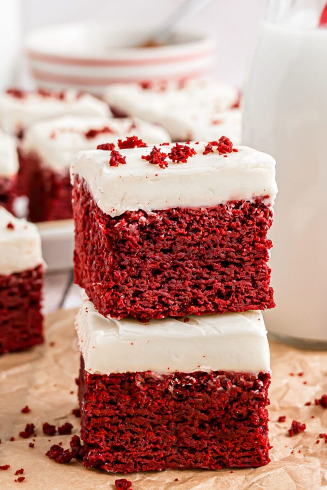 a stack of two red velvet brownies
