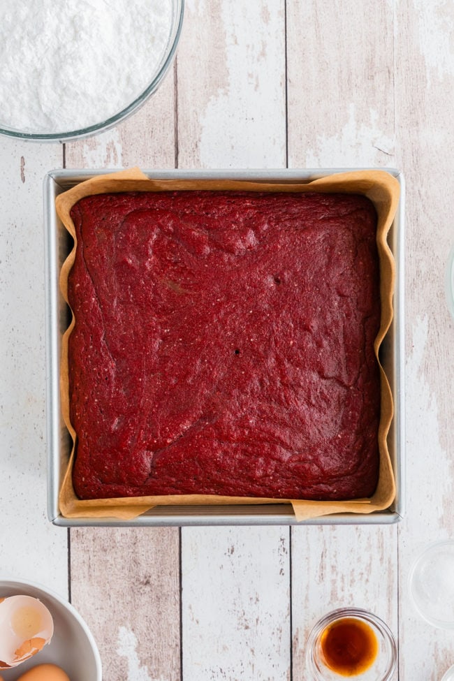 pan of baked red velvet brownies