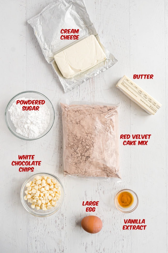 red velvet gooey butter cookie ingredients on a counter