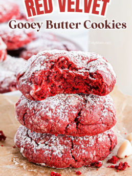 stack of three red velvet cookies