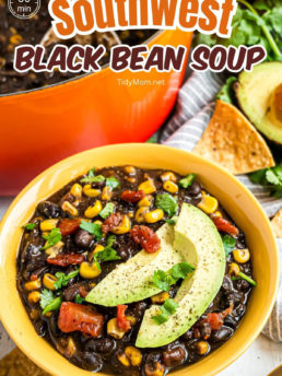 black bean soup in a yellow bowl with avocado
