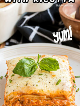 serving of lasagna with basil on top