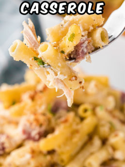 penne pasta casserole on a plate and fork