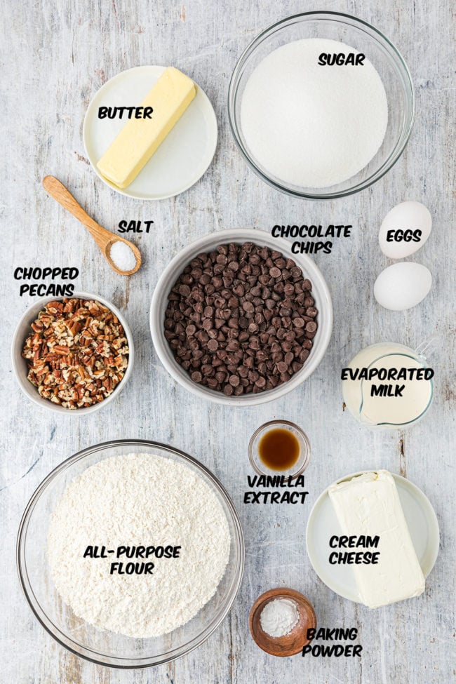 ingredients for fudge nut bars on a counter