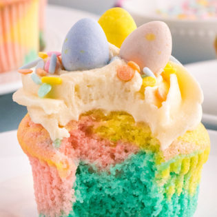 A bite missing from a marble cupcake with Spring colors