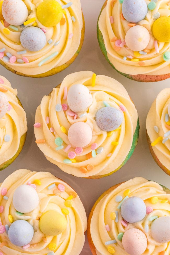 Easter candy eggs on cupcakes