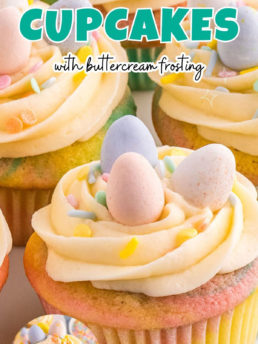 colorful spring cupcakes with Easter candy and sprinkles