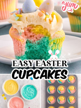 Marble cupcakes collage with bowls of colored batter, and batters in cupcake pan